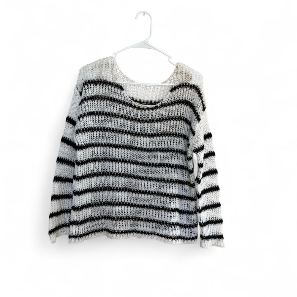 Open Knit Striped Black and White Women's Sweater